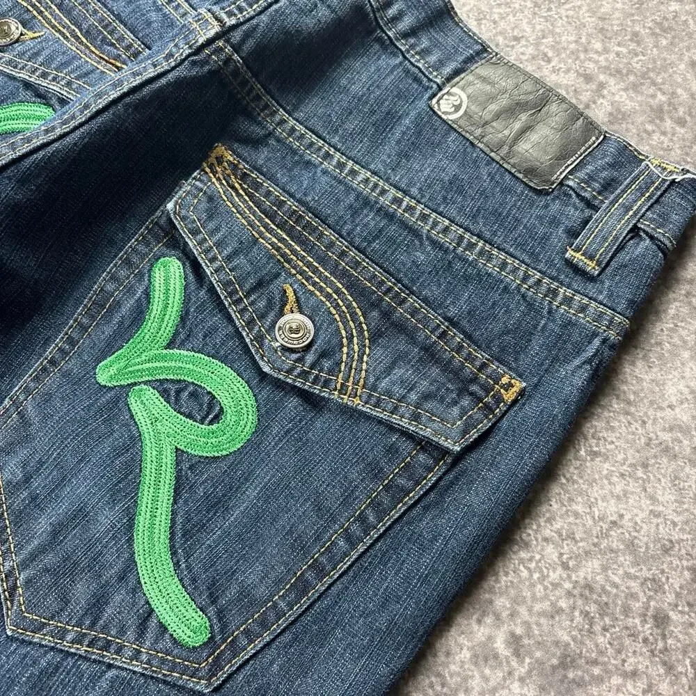 Vintage Rocawear Men’s 34 Blue Y2K Baggy Embroidered Denim Jeans Green Logo